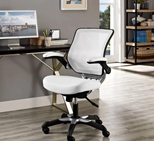 A White office chair with a mesh backrest, upholstered seat, and chrome base with wheels.