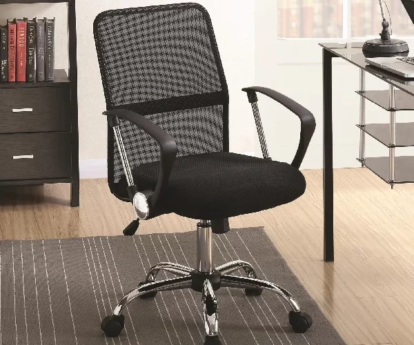 A black office chair with a mesh backrest, upholstered seat, and chrome base with wheels.